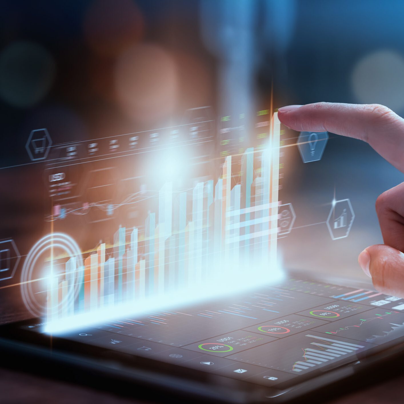 Stock exchange market concept, businesswoman hand trader press digital tablet with graphs analysis candle line on table in office, diagrams on screen.