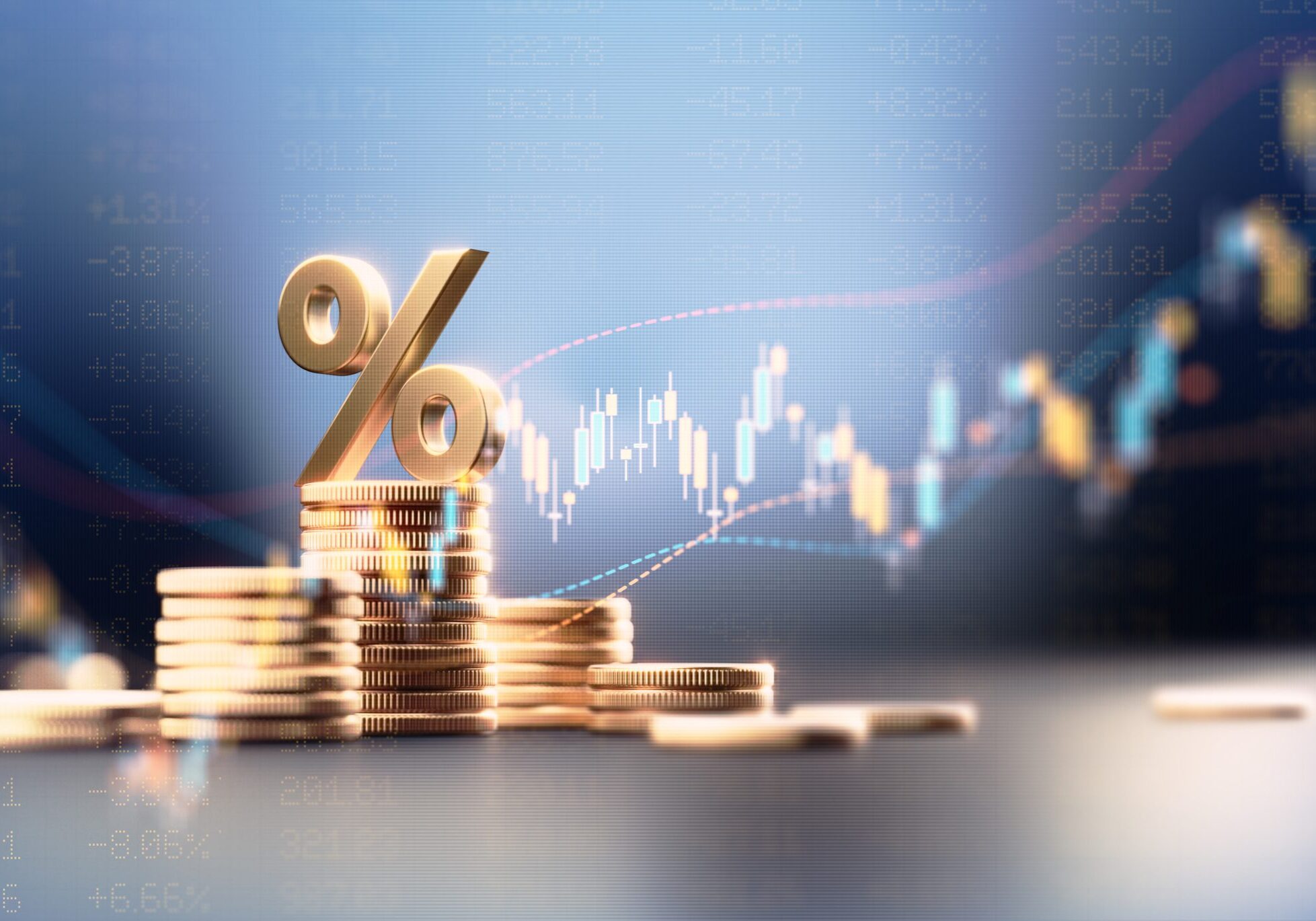 Percentage sign on top of coin stacks before blue financial graph. Horizontal composition with copy space. Business and finance concept.