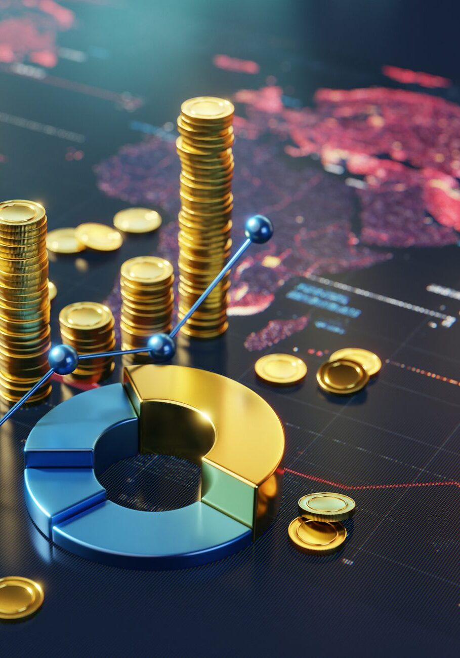 A creative representation of global finance using gold coins, charts, and a colourful world map, symbolising economic potential and diversification.