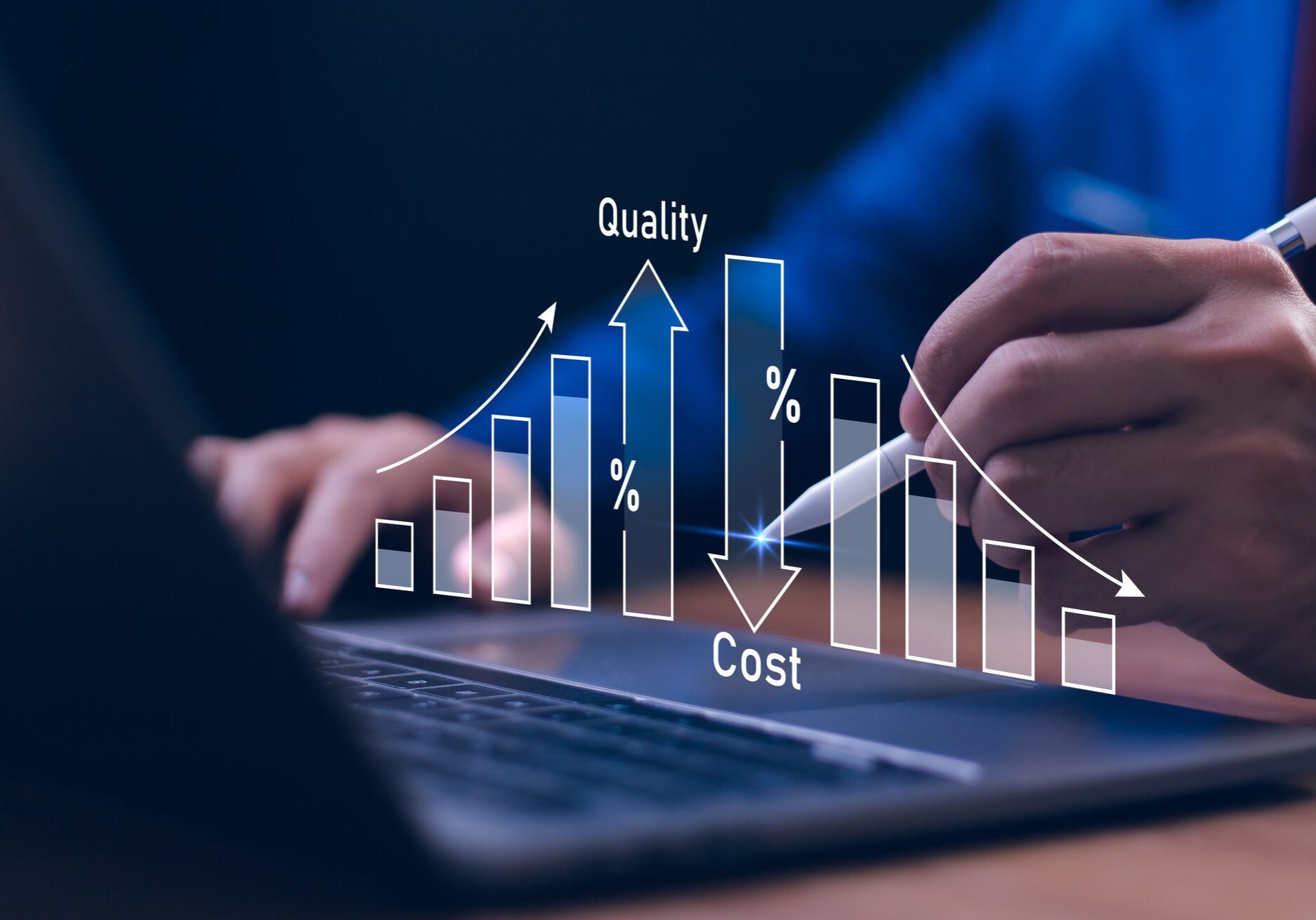 Cost and quality control, concept of balancing efficiency and cost in business strategy. Project management. Businessman working on digital laptop with quality control growth graph and cost reduction.