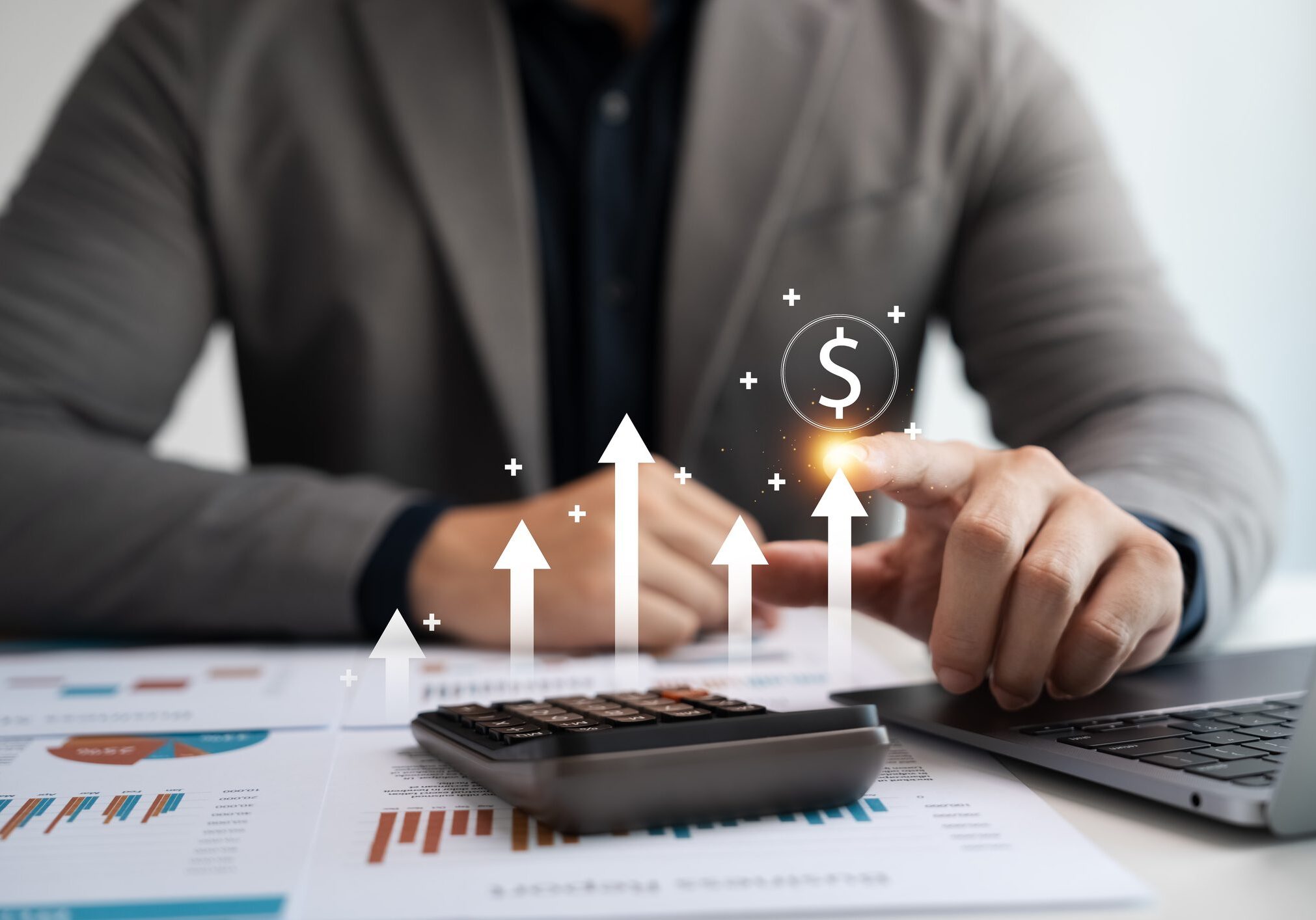 Concept of interest rates and dividends, currency symbol and up arrow, long term investment for retirement, stock and mutual fund returns.
