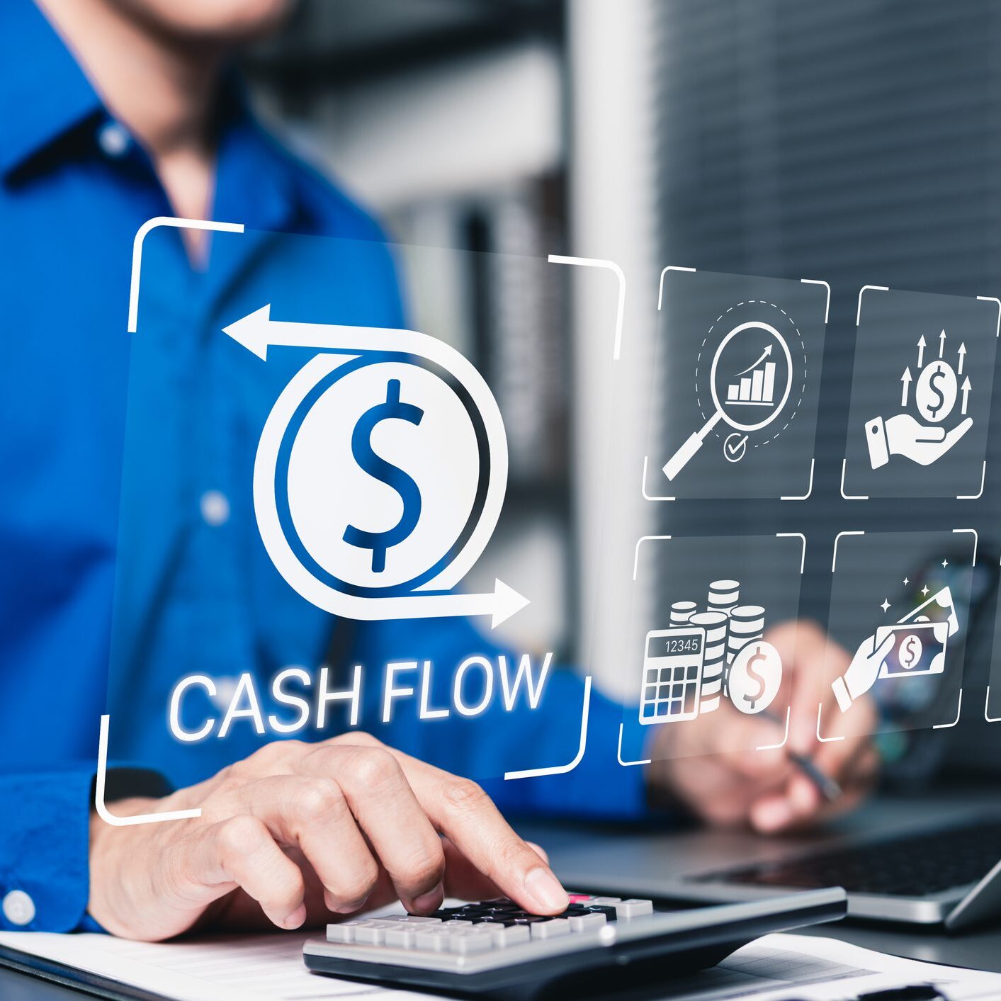 Cash flow management and financial analysis concept. Businessman using calculator and laptop with icons representing cash flow, financial management, budgeting, business growth, money, income, profit,