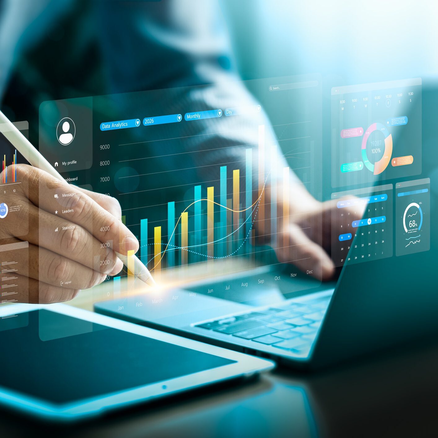 Financial data visualization with digital charts and analytics dashboard, showing business growth, performance metrics, and innovation, representing financial analysis, big data, business intelligence