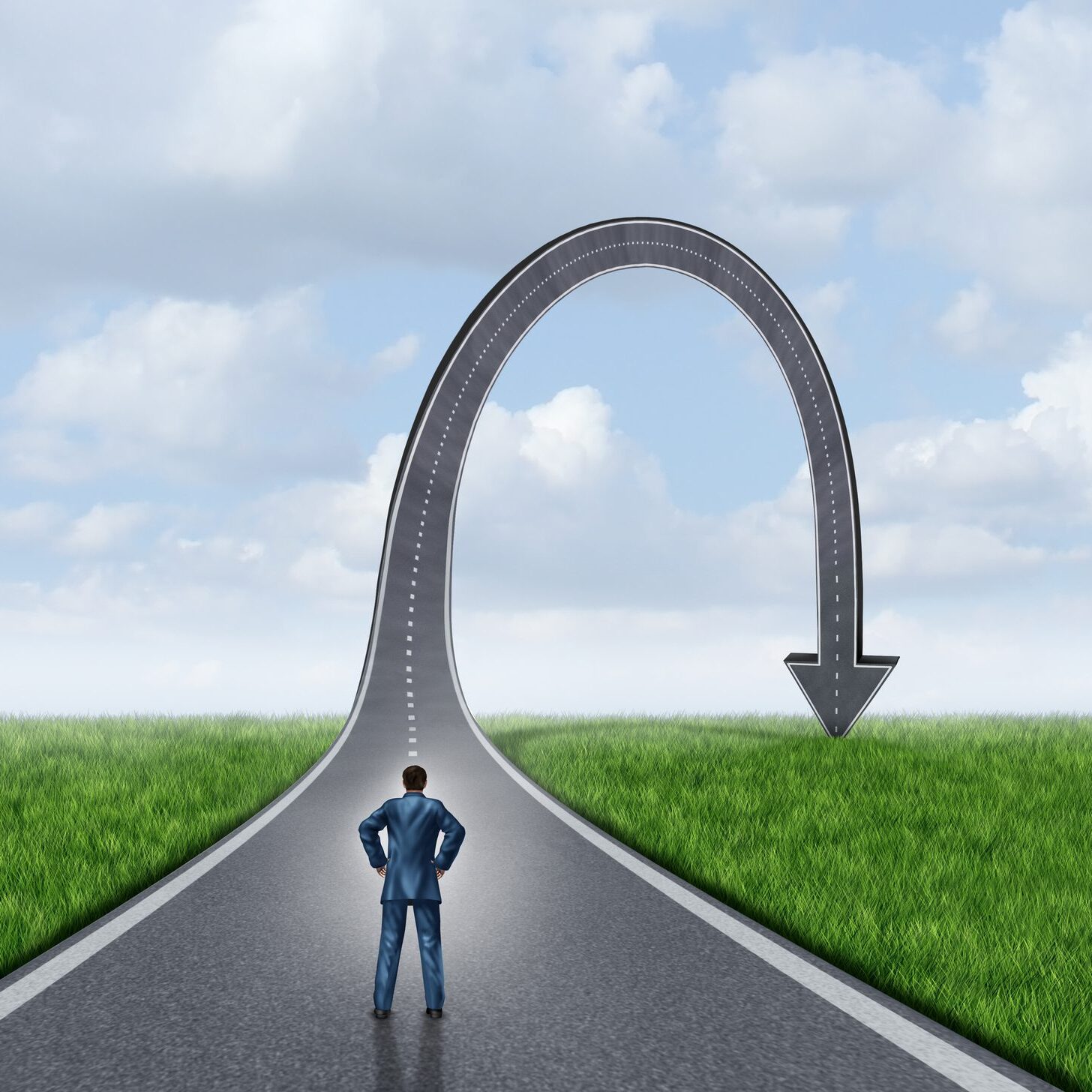 Failure concept and stress symbol as a business metaphor for failed journey and strategy as a businessman standing in front of an arrow shaped road that has gone up and fallen down to the ground.